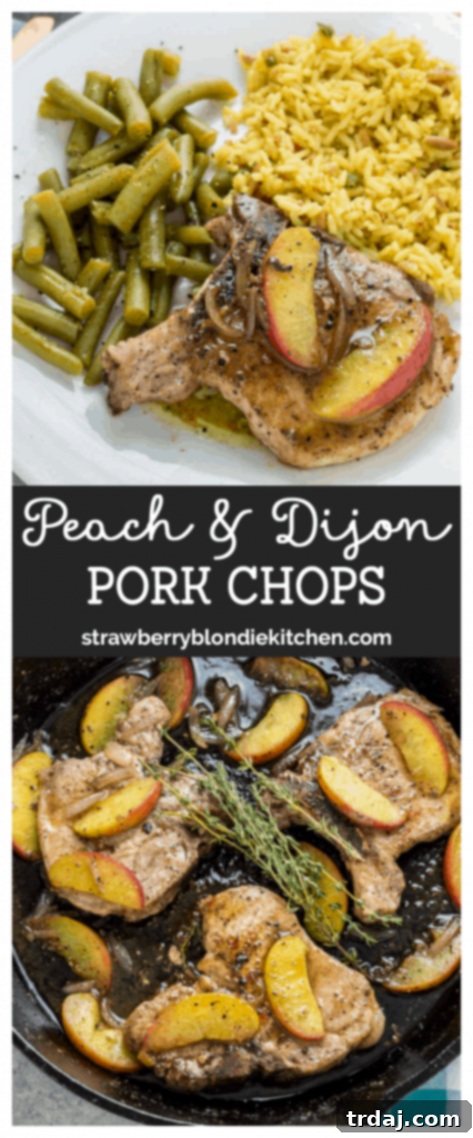 Pinterest graphic for Peach and Dijon Pork Chops, encouraging readers to save the recipe.