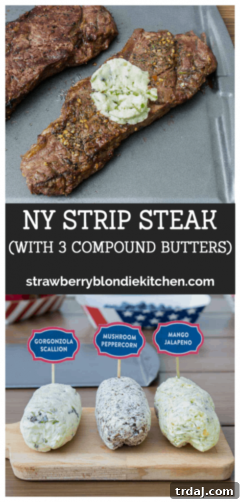 A festive Fourth of July tablescape with grilled NY Strip Steaks and three varieties of compound butter: Gorgonzola Scallion, Mushroom Peppercorn, and Mango Jalapeno. Sponsored by The Fresh Market.