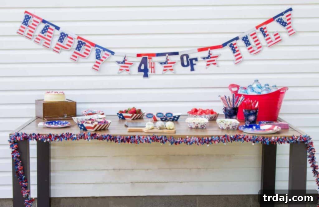 Festive Fourth of July tablescape featuring grilled NY Strip Steak and patriotic decorations
