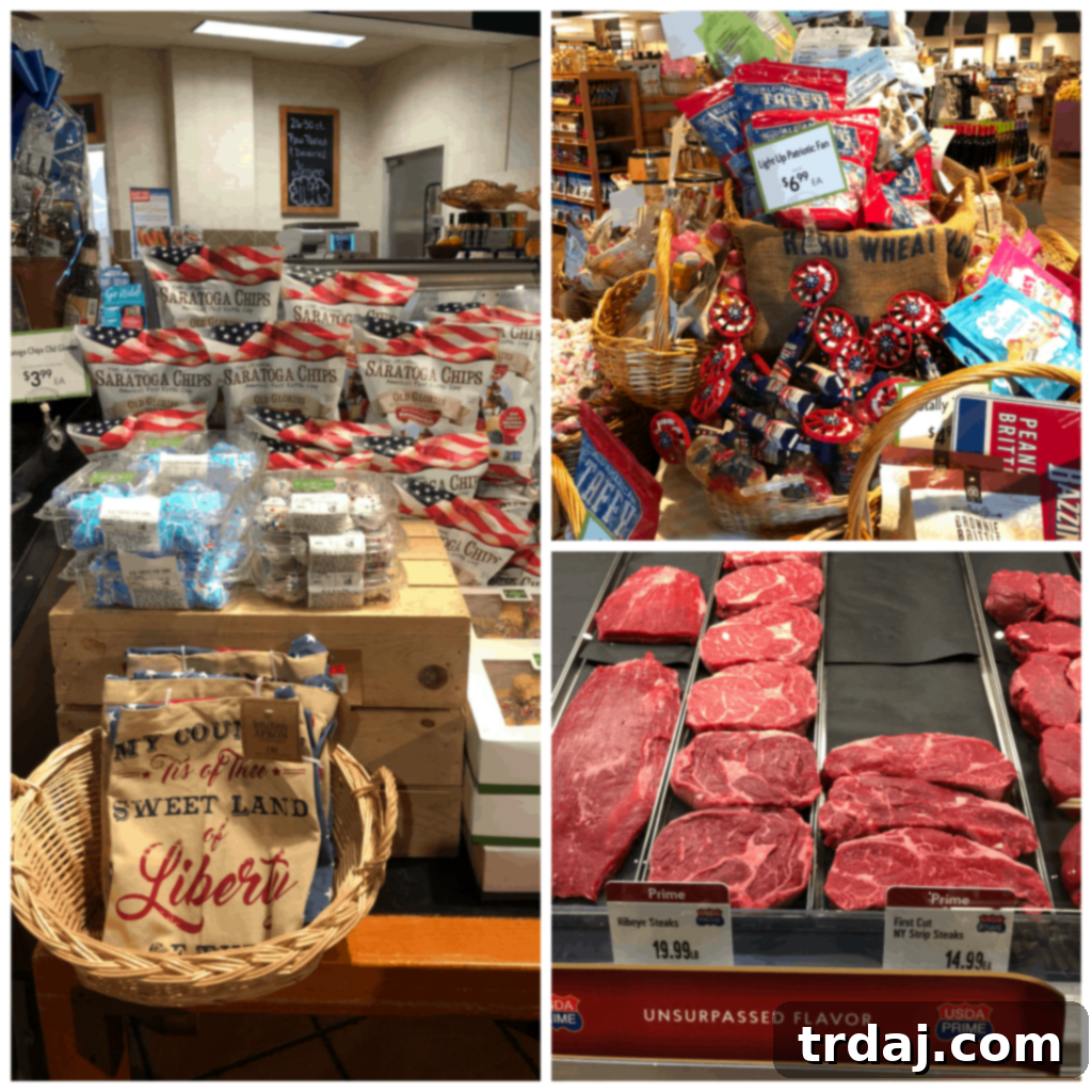 Fourth of July tablescape featuring NY Strip Steak, ready-made side dishes, and festive decorations