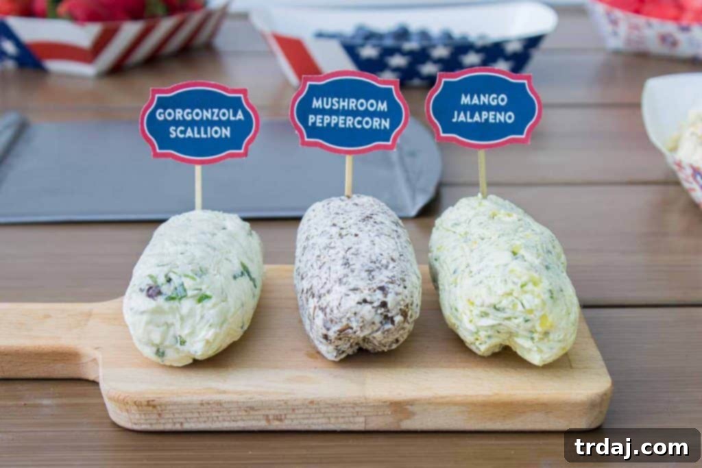 Three types of compound butter: Gorgonzola Scallion, Mushroom Peppercorn, and Mango Jalapeno