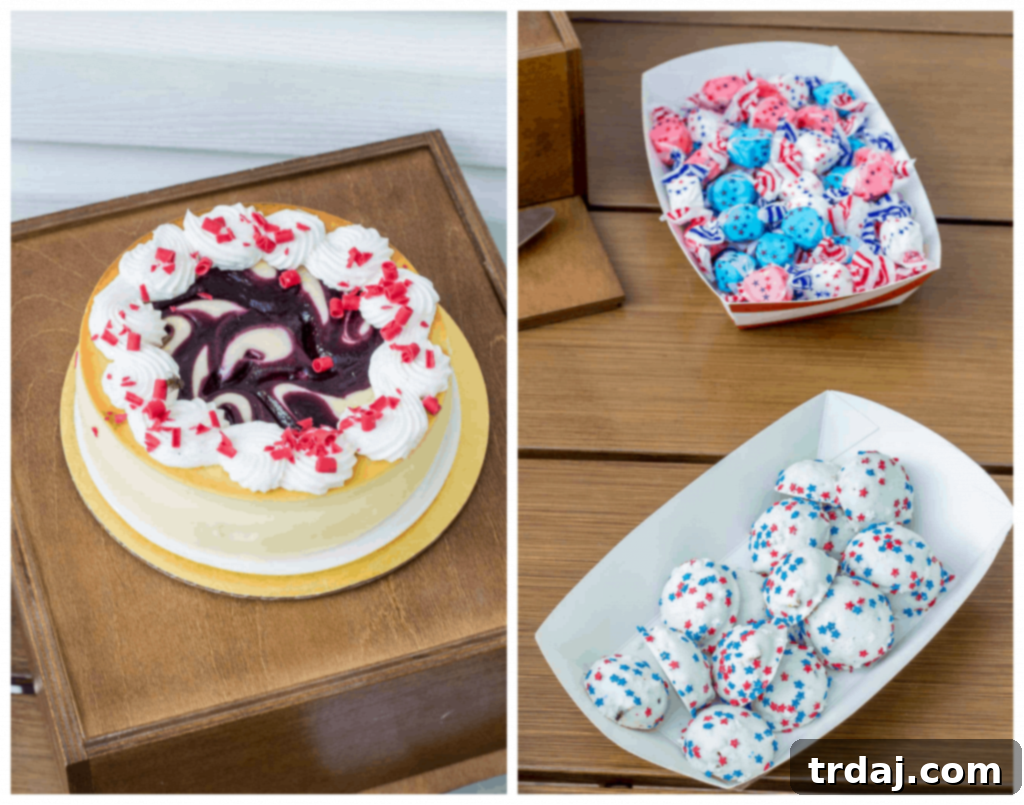 Dessert spread featuring Red, White and Blue Cheesecake and Patriotic Cake Bites