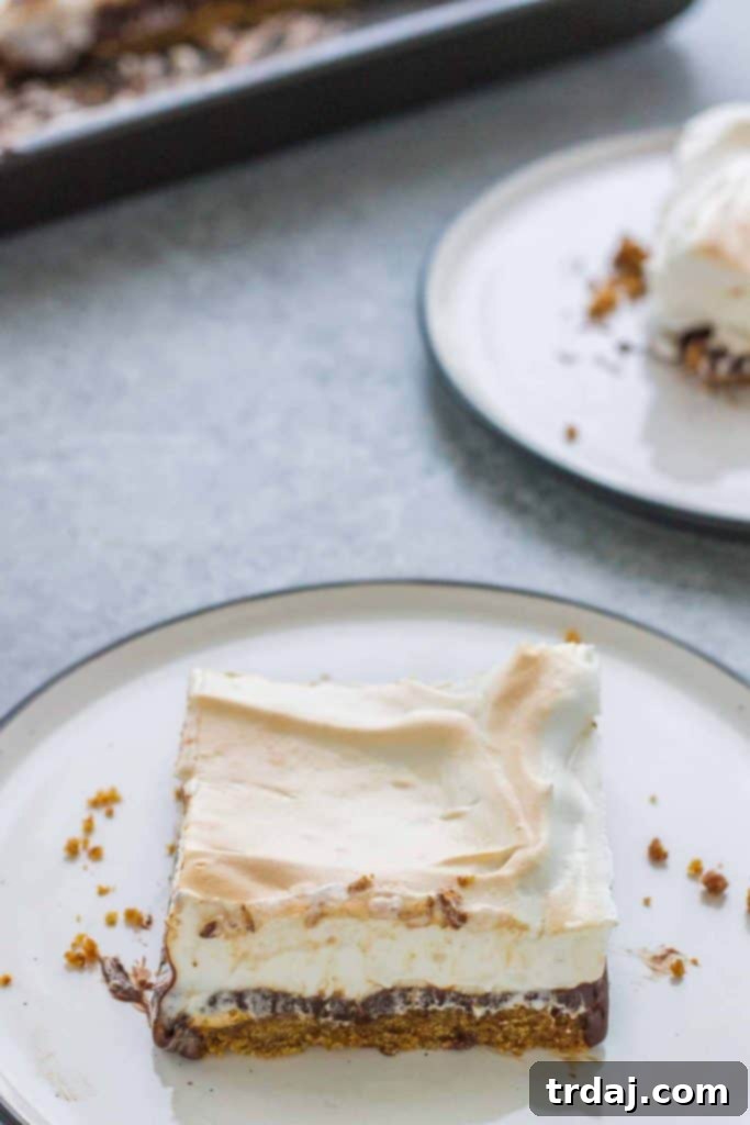 Sheet Pan S'mores layers: golden graham cracker crust topped with rich chocolate ganache, ready for the marshmallow meringue.