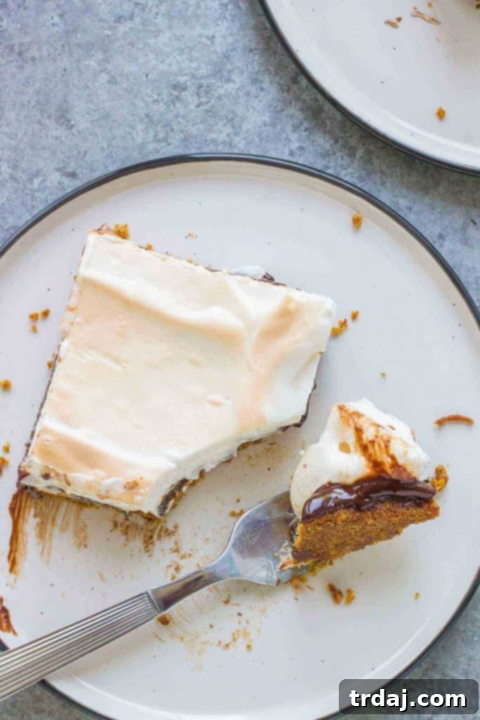 Sheet Pan S'mores squares, showcasing the toasted meringue topping, rich chocolate, and graham cracker base, ready to be served.