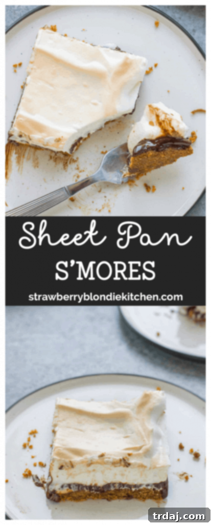 Promotional graphic for Sheet Pan S'mores recipe, featuring a stack of the dessert with toasted meringue and rich chocolate.