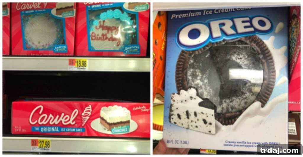 Various Carvel Ice Cream Cakes displayed in a supermarket freezer, highlighting convenience and availability.