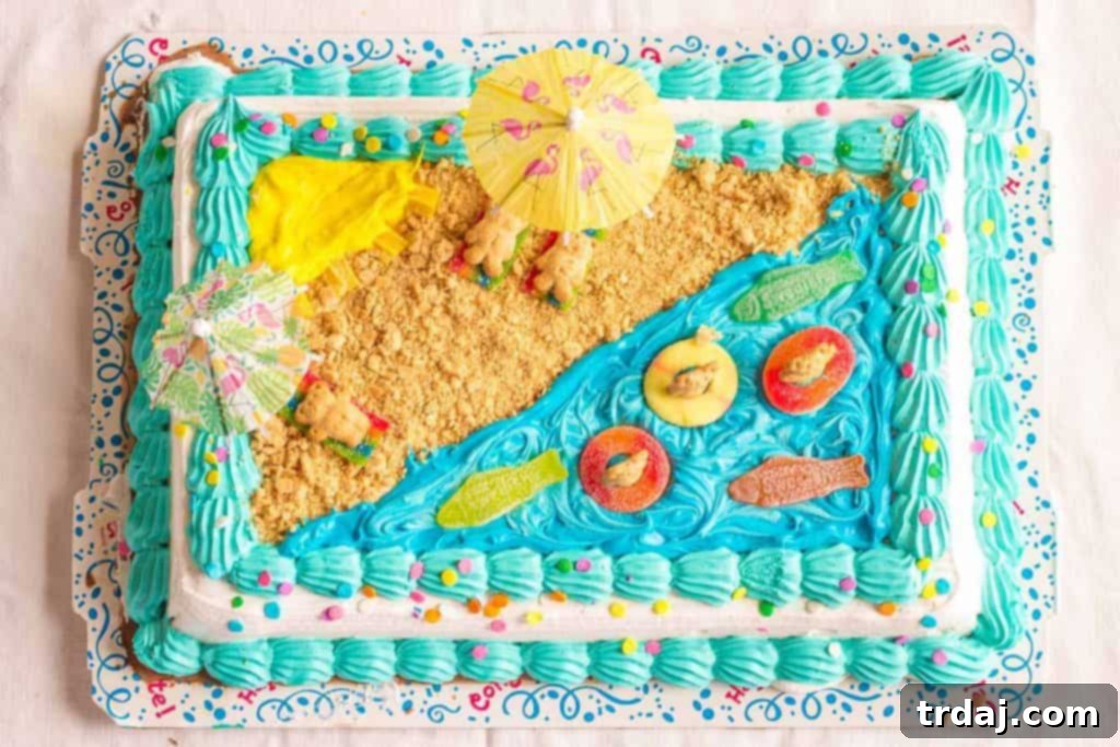 Another view of the Easy Summer Beach Cake, capturing its playful design and vibrant colors, ready for serving.