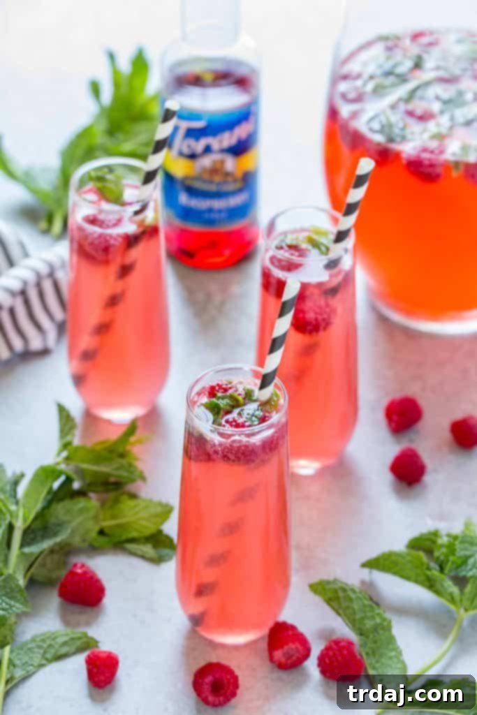 Skinny Raspberry Coconut Mojitos - Close-up of ingredients, showcasing Torani sugar-free raspberry syrup