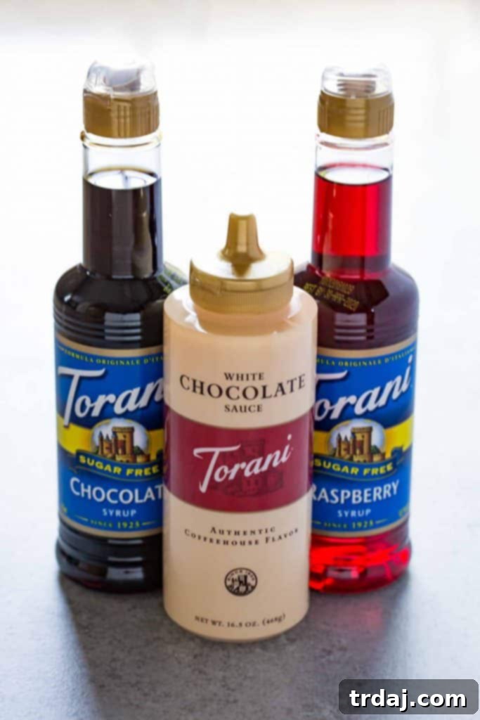Sugar Free Torani Syrups - A display of various sugar-free Torani syrup bottles