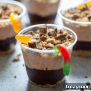 A finished Peanut Butter Dirt Cup in a clear glass, showing the layers