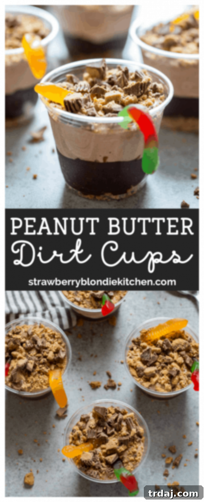 A vibrant close-up of Peanut Butter Dirt Cups layers with cookies, pudding, and gummy worms, showcasing rich colors and textures