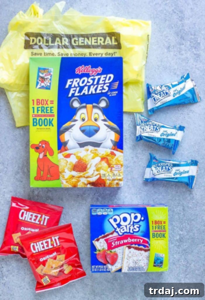 Children looking excitedly at Kellogg's cereal boxes with 'Buy a Box, Get a Book' promotion details at Dollar General.