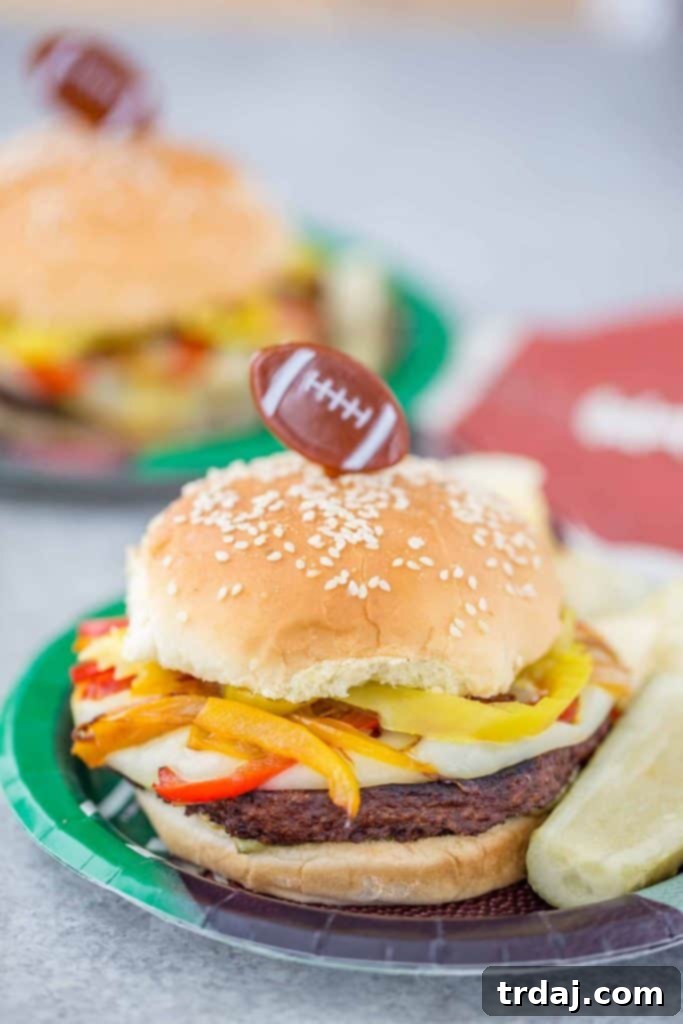 Savor the Flavors: Italian Pepper Burgers with MorningStar Farms Delicious Italian Pepper Burger with melted provolone cheese, sautéed peppers, and onions