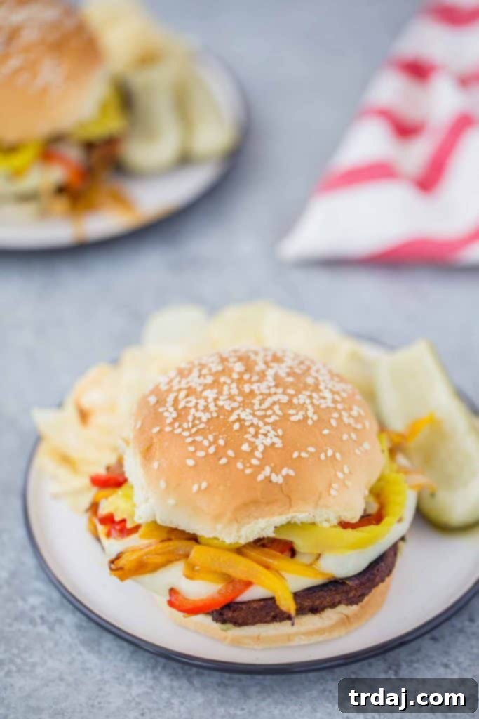 Homegating Perfection: Plant-Based Italian Pepper Burgers Freshly grilled Italian Pepper Burgers ready for assembly