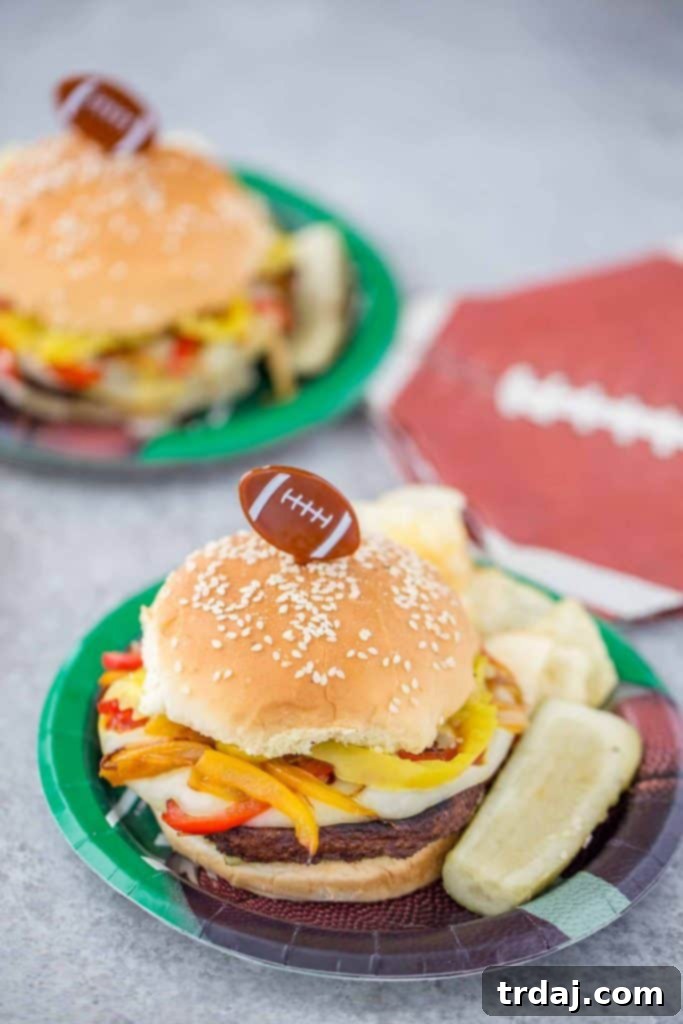 The Perfect Vegetarian Burger: Italian Pepper Burgers Close-up of a plated Italian Pepper Burger with fresh toppings