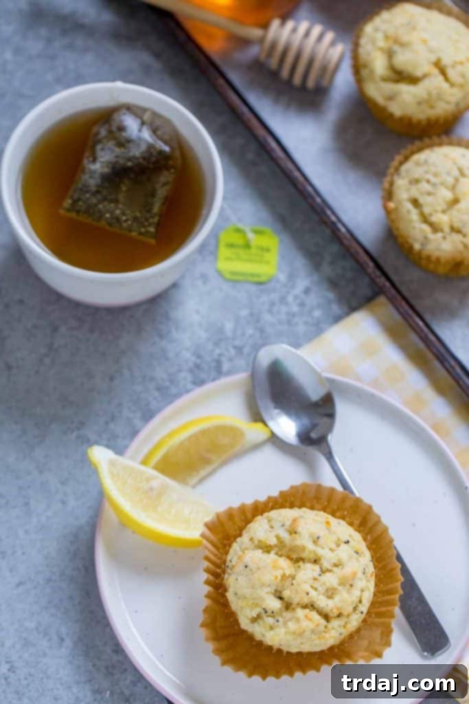 Citrus Poppyseed Muffins and a cup of Bigelow Probiotic Tea on a rustic table
