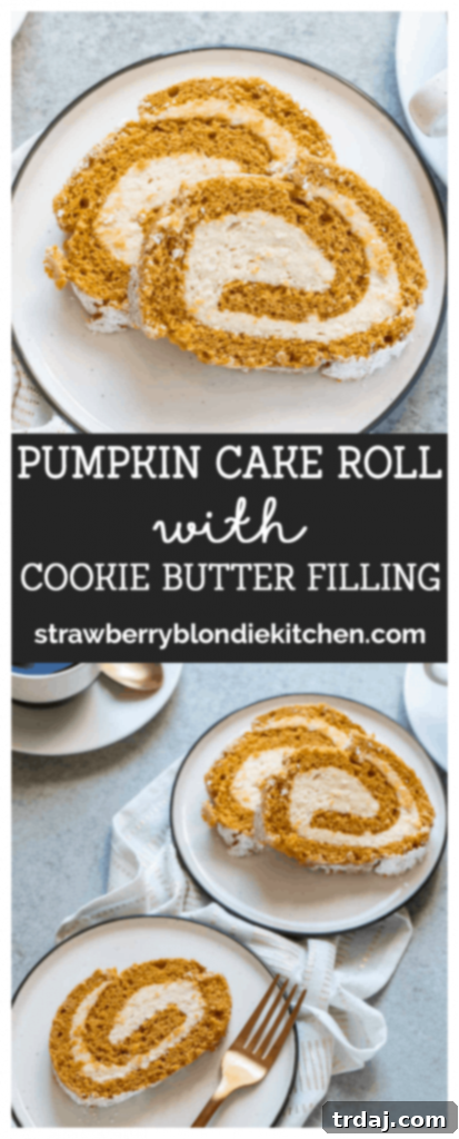 Pin this Pumpkin Cake Roll with Cookie Butter Filling recipe for later!