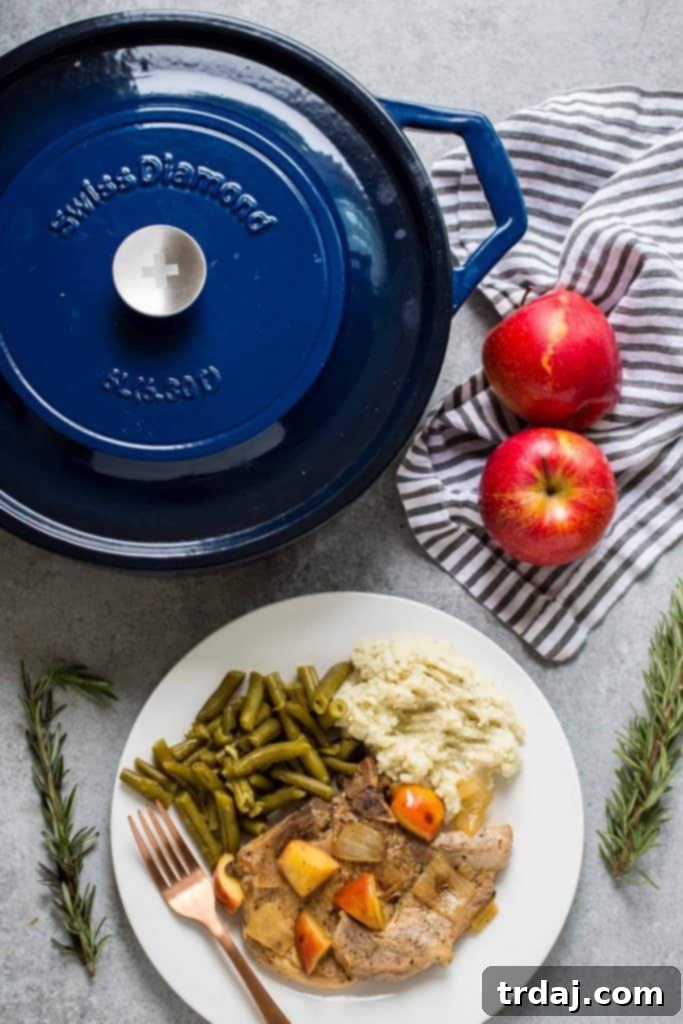 I have found my new obsession in Swiss Diamond. The blue color is gorgeous, it’s large enough to fit 4 bone in pork chops and it heats beautifully. AND lucky for you Swiss Diamond is giving away a 10 piece Kitchen Kit, which includes their new pans, so don’t forget to enter the giveaway down below. Back to these One Pan Pork Chops with Apples and Cinnamon. They’re super simple to make and were a huge hit with the family. My kids love apples and pork so it was an easy win for me. I paired them with green beans and some mashed potatoes to round out the meal. Well actually they aren’t mashed potatoes, they’re a veggie mash made with cauliflower. These One Pan Pork Chops with Apples and Cinnamon come together in under 30 minutes and are perfect for a Fall night! One Pan Pork Chops with Apples and Cinnamon