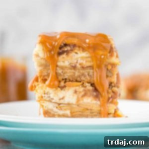 Close-up of a Caramel Apple Cheesecake Bar, perfect for dessert.