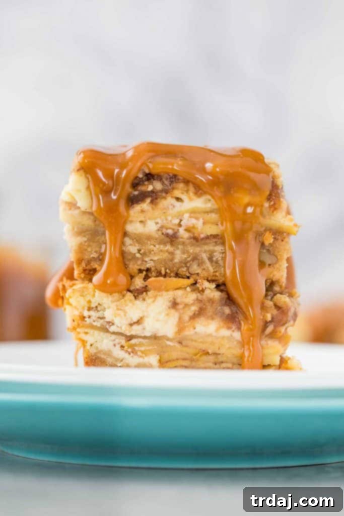 A stunning top-down view of Caramel Apple Cheesecake Bars with a generous caramel drizzle, ready to serve.