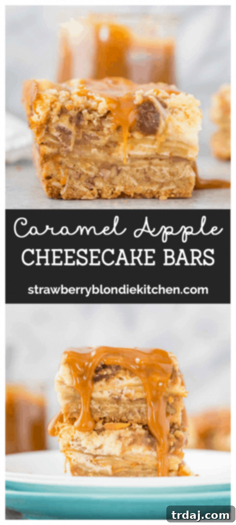A plate of two perfectly cut Caramel Apple Cheesecake Bars, garnished with an apple slice and caramel drizzle.