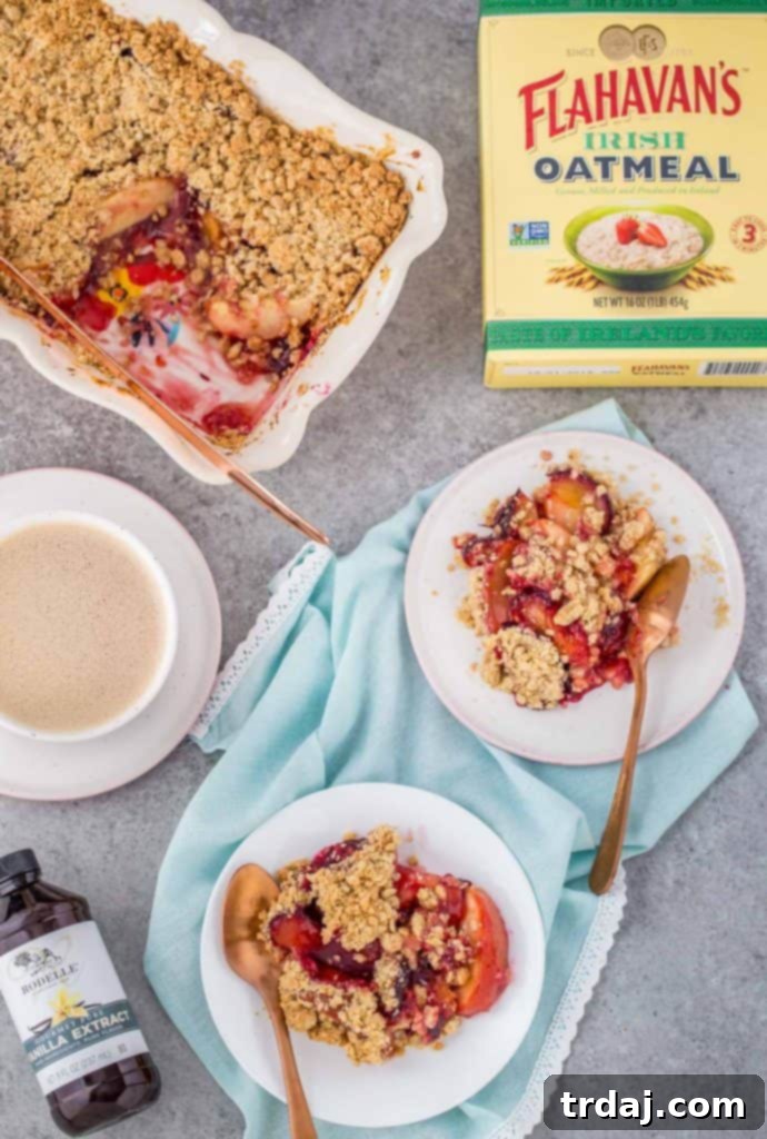 Rustic Apple and Plum Crumble, a perfect fall dessert for sharing.