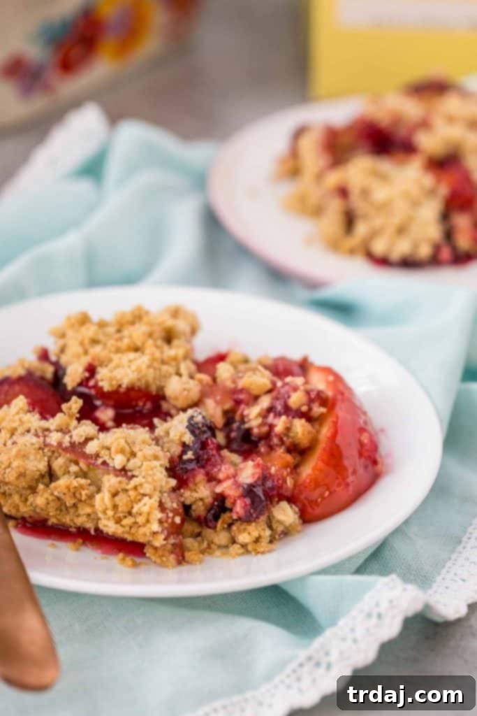 Generous serving of Apple and Plum Crumble with melted ice cream.