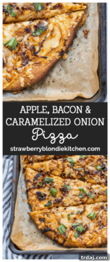 A beautifully plated slice of Apple, Bacon and Caramelized Onion Pizza, ready to be enjoyed.