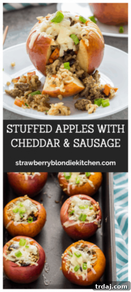Stuffed Apples with Cheddar and Sausage, beautifully presented on a wooden board