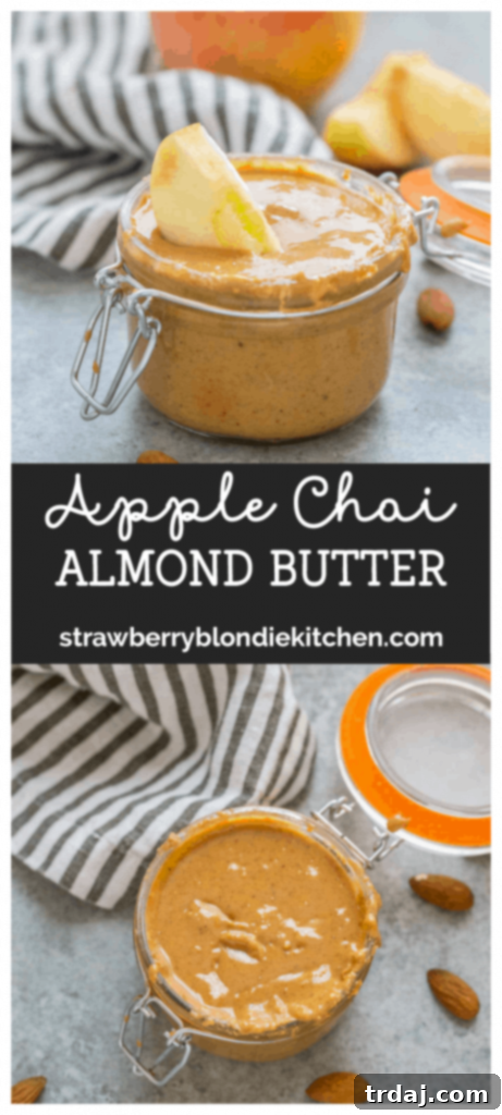 Aromatic spices combine with almonds to create a delicious Apple Chai Almond Butter that's perfectly spreadable on anything from apples to bread and everything in between! Pin for Apple Chai Almond Butter recipe with ingredients