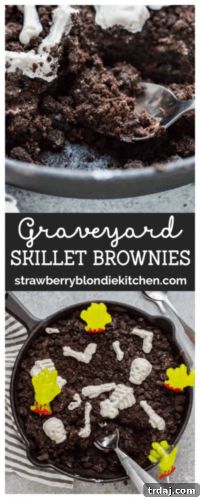 Rich and decadent skillet brownies get topped with chocolate skeletons, gummy zombie hands and 'dirt' to make spooky and delicious Halloween Graveyard Brownies! Graveyard Skillet Brownies with chocolate skeletons and zombie hands, served for Halloween