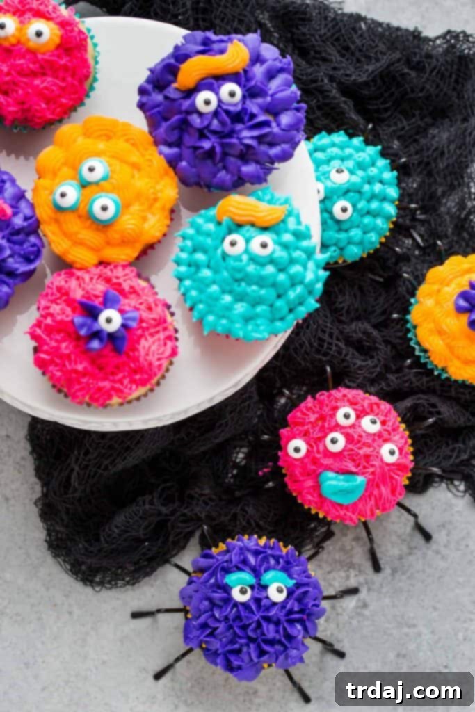 Monster Pinata Cupcakes with a hidden sprinkle surprise inside, perfect for Halloween celebrations