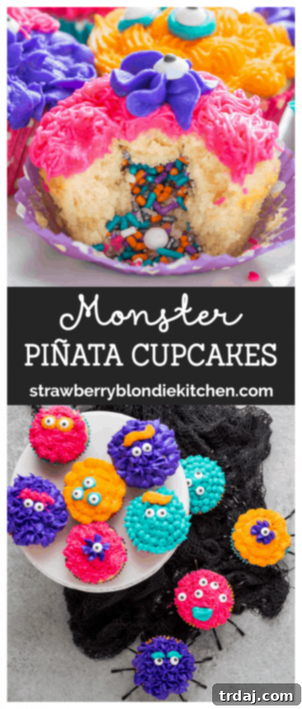 A beautifully decorated Monster Piñata Cupcake, showcasing the vibrant colors and playful monster eyeball, ready for a Halloween party