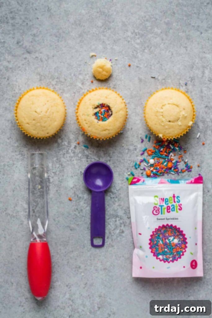 Step-by-step image showing how to core a cupcake, fill it with sprinkles, and replace the top