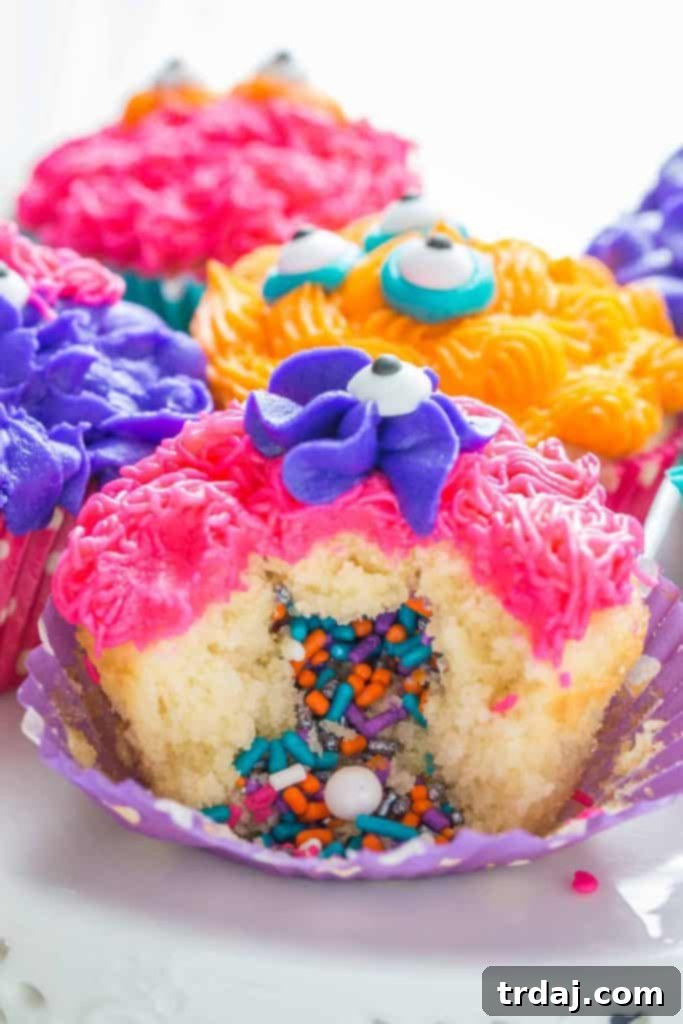 A tray of finished Monster Piñata Cupcakes with various colored frostings and candy eyeballs