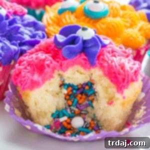 A delightful Monster Piñata Cupcake with vibrant frosting and a candy eyeball