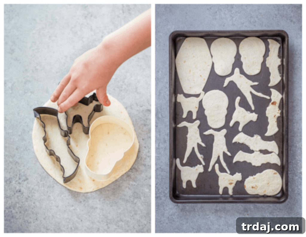 Graveyard Chorizo Dip is full of chorizo, beans, RO*TEL® and cheese. Topped with crushed chips to look like dirt and served with homemade Halloween tortilla chips, it's perfect for all those spooky parties! Graveyard Chorizo Dip