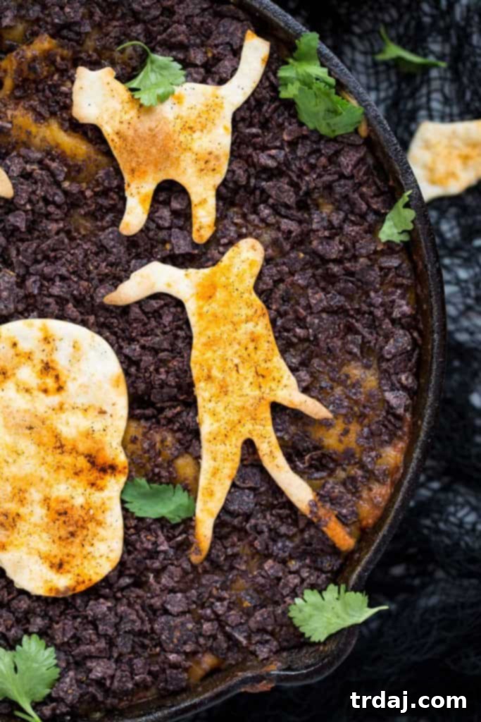 Graveyard Chorizo Dip is full of chorizo, beans, RO*TEL® and cheese. Topped with crushed chips to look like dirt and served with homemade Halloween tortilla chips, it's perfect for all those spooky parties! Graveyard Chorizo Dip