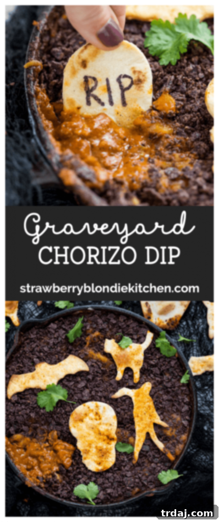 Graveyard Chorizo Dip is full of chorizo, beans, RO*TEL® and cheese. Topped with crushed chips to look like dirt and served with homemade Halloween tortilla chips, it's perfect for all those spooky parties! Graveyard Chorizo Dip