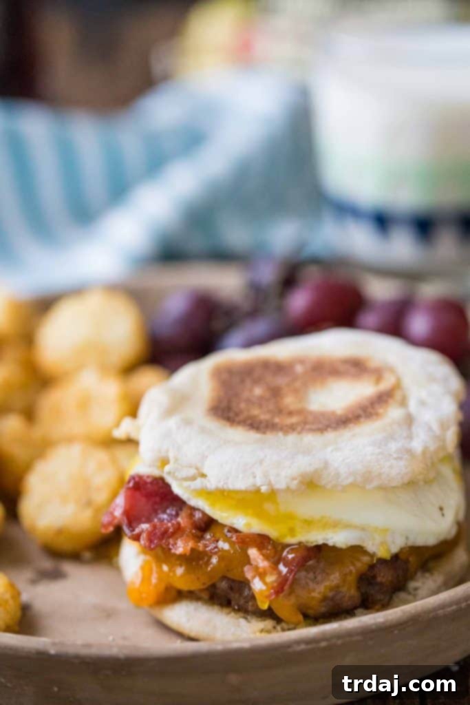 The Ultimate Breakfast Burger with Jimmy Dean sausage, bacon, egg, and maple syrup