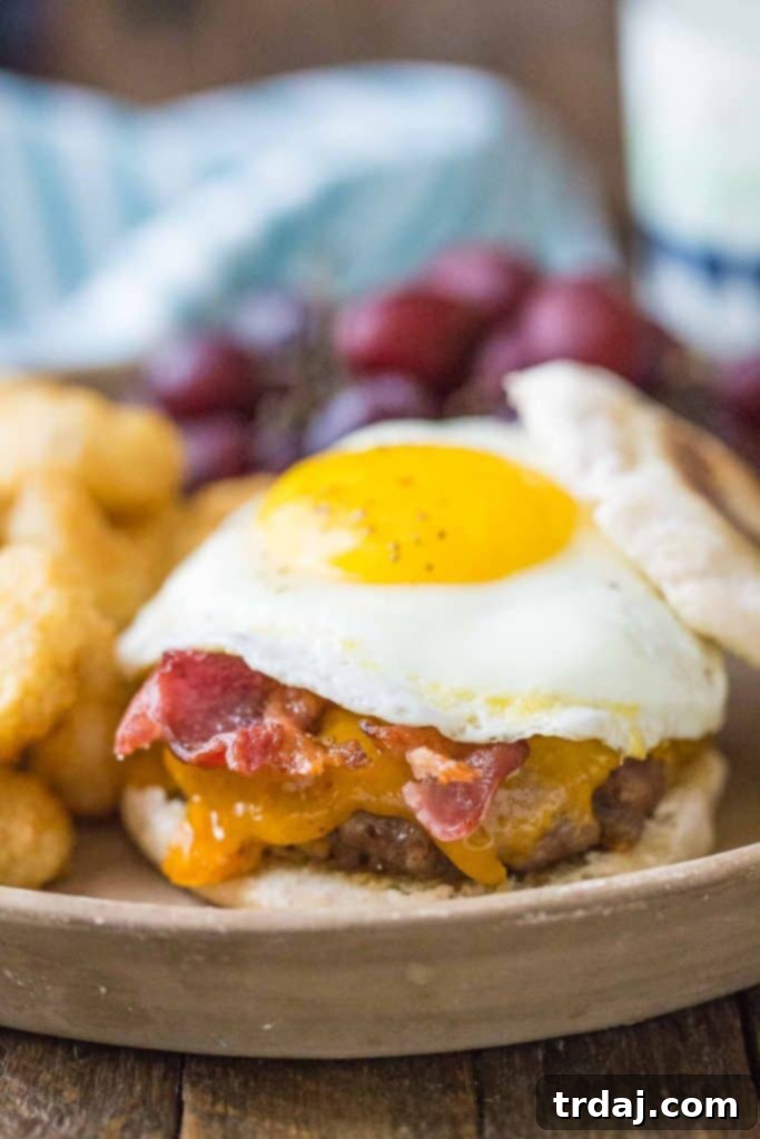 Assembled Ultimate Breakfast Burger with all toppings on an English muffin