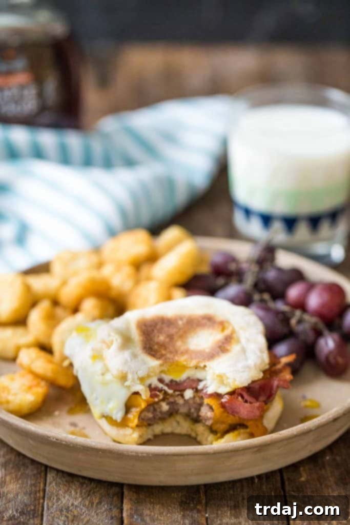 Stacked Ultimate Breakfast Burger with all the layers on a wooden board