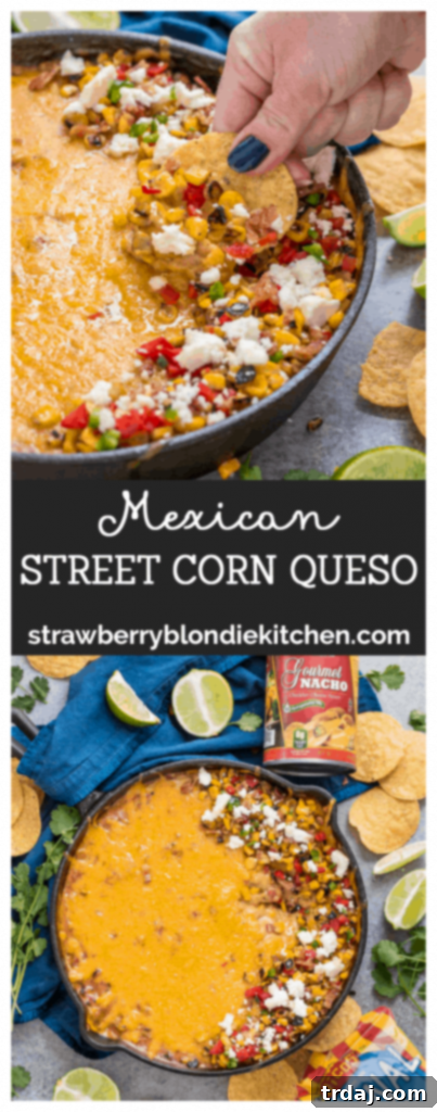 A visually appealing final shot of Mexican Street Corn Queso in a bowl with a spoon, highlighting its texture and garnishes.