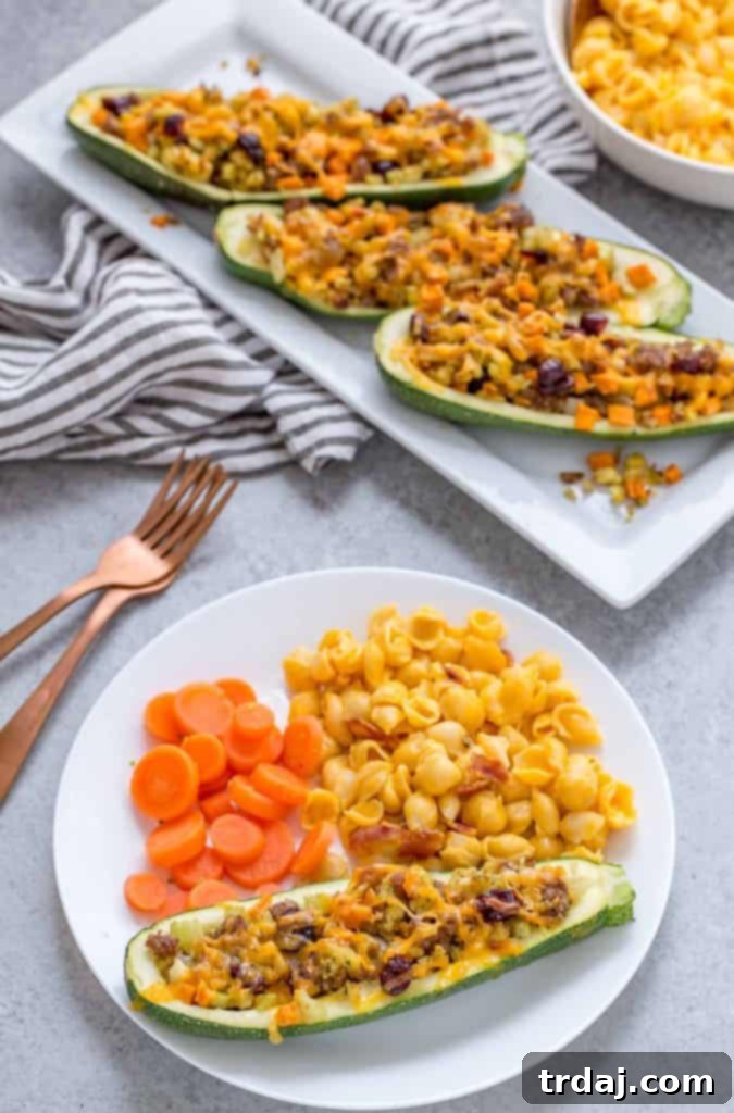 Close-up of baked Zucchini Stuffing Boats, a perfect quick dinner