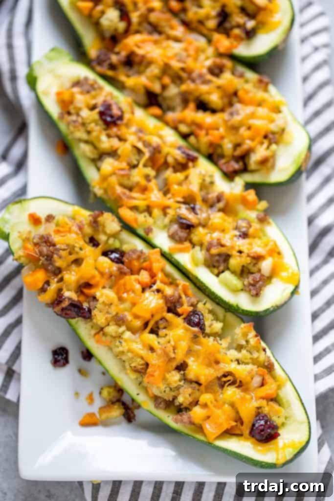 Finished Zucchini Stuffing Boats served on a platter