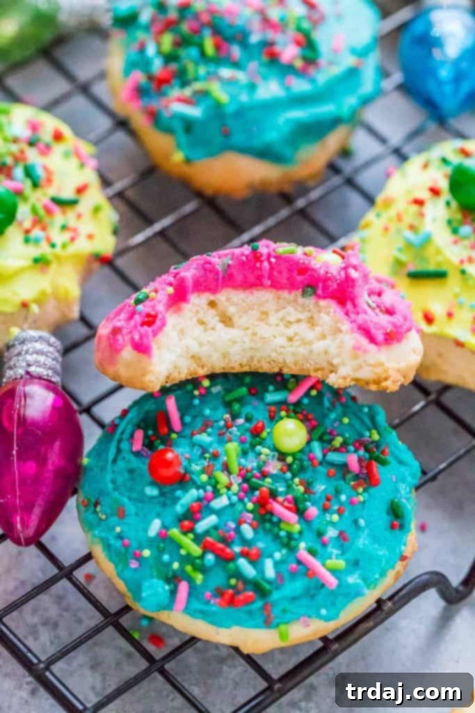 Close-up of fluffy, frosted Whoville Cookies with sprinkles