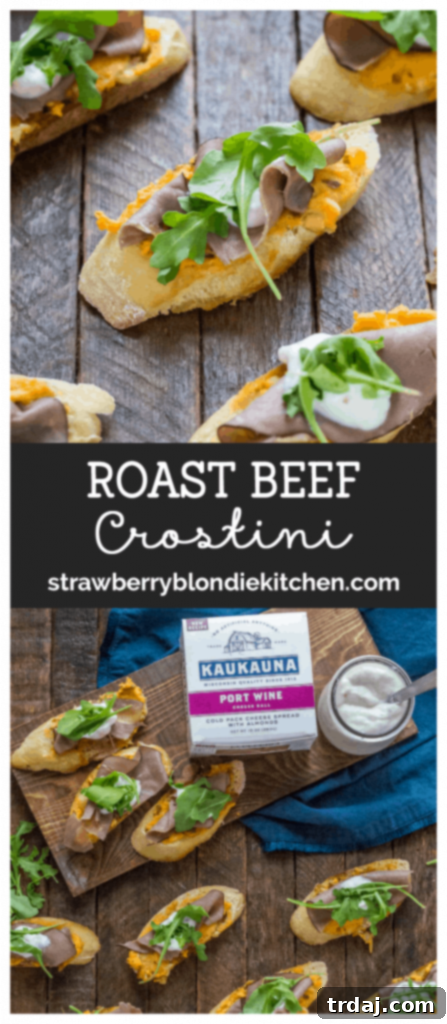 Roast Beef Crostini recipe card summary with ingredients and instructions