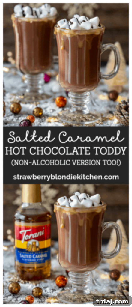 Salted Caramel Hot Chocolate Toddy with festive decorations, encouraging sharing and pinning