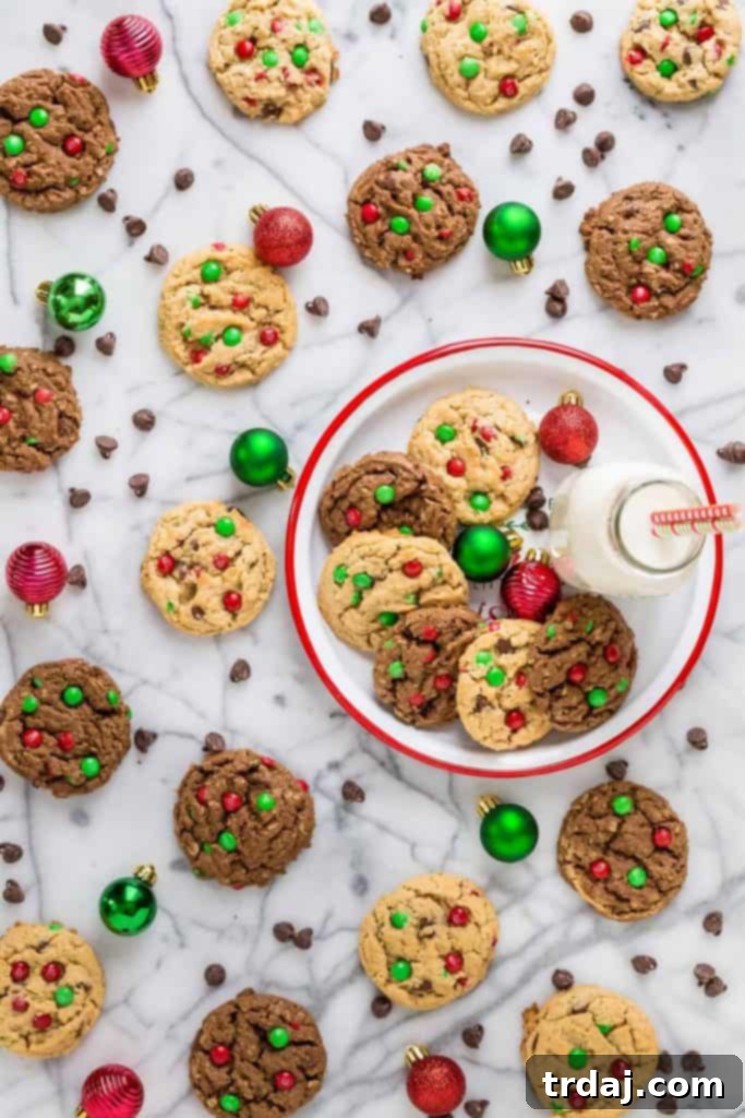 Assortment of Christmas Monster Cookies with a festive background
