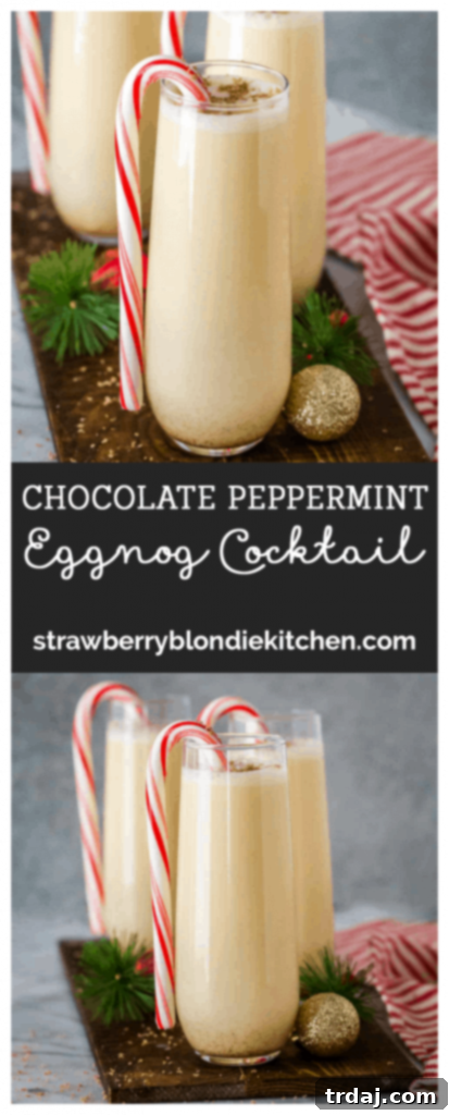A festive Chocolate Peppermint Eggnog Cocktail with a candy cane and chocolate garnish, perfect for holiday entertaining and family celebrations.